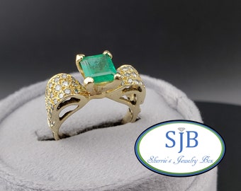 Emerald Ring, Vintage Emerald Rings, Vintage 18k Yellow Gold Emerald & Diamond Ring, Anniversary Rings, May Birthstones, Size 6.75 #C3632