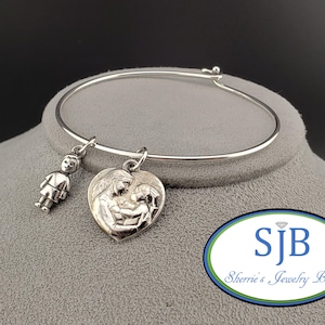 Vintage Designer Silver Bracelets, James Avery 925 Sterling Silver Wire Bangle Bracelet with Heart & Child Charms, Unique Mom Gifts, #C5160