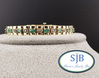 Emerald Bracelets, Vintage Emerald and Diamond Bracelets, Vintage 14k Yellow Gold Emerald & Diamond Bracelet, Stackable Bracelets, #C3629