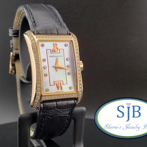 Vintage 18k Watches, 18k Rose Gold Diamond Bertolucci Voglia Womens Watch, Rectangular Mother of Pearl Dial & Diamond Watch, 5.5-7" #C4747