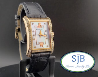 Vintage 18k Watches, 18k Rose Gold Diamond Bertolucci Voglia Womens Watch, Rectangular Mother of Pearl Dial & Diamond Watch, 5.5-7" #C4747