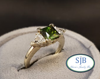 Green Tourmaline Rings, 14k Yellow Gold Green Tourmaline & Diamond Ring, Stackable Anniversary Rings, October Birthstones, Size 5, #R499