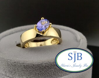 Anillos de tanzanita, anillo solitario ovalado de tanzanita en oro amarillo de 14k, anillos llamativos con piedras preciosas apilables, piedra de nacimiento de diciembre, talla 6.75, #R1394