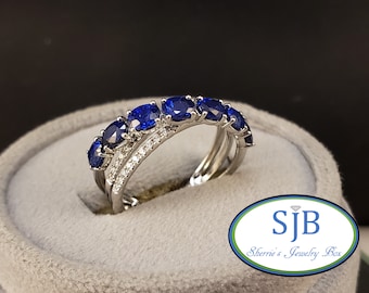 Sapphire Rings, Sapphire and Diamond Rings, 14k White Gold Blue Sapphire and Diamond Statement Ring, September Birthstones, Size 7, #R1180