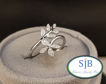 Diamond Rings, 14k Diamond Leaf Design Ring, 14k White Gold Diamond Flower Ring, Organic Leaf Ring, April Birthstone Jewelry, Size 6.5 #R958