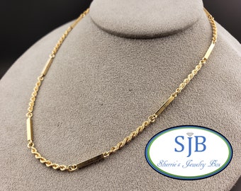 Vintage Chains, Fancy 14k Gold Chains, Vintage 14k Yellow Gold Rope Chain with Square Gold Stations, Unique Layering Chains, 15.5", #C3832