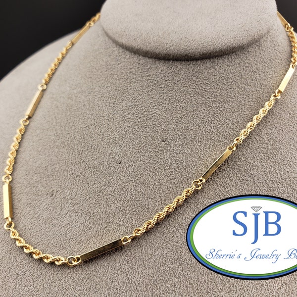 Vintage Chains, Fancy 14k Gold Chains, Vintage 14k Yellow Gold Rope Chain with Square Gold Stations, Unique Layering Chains, 15.5", #C3832