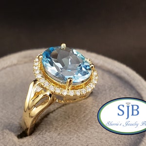 Blue Topaz Rings, 14k Yellow Gold Blue Topaz & Diamond Ring, Oval Blue Topaz and Diamond Halo Ring, Blue Birthstone Jewelry, Size 7, #R1089