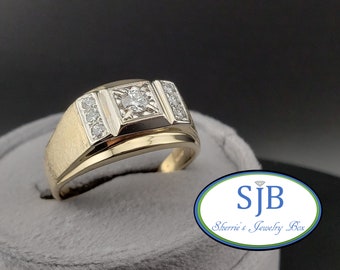 Diamond Rings, Vintage Mens Diamond Statement Rings, 14k Two Tone Brushed Gold Diamond Ring, Mens Diamond Anniversary Rings, Size 13, #C3621