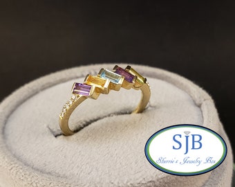 Rainbow Rings, Multicolor Gemstone & Diamond Ring, 14k Yellow Gold Baguette Gemstone and Diamond Band, Stacking Rings, Size 7, #R1203