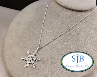 Diamond Pendants, Snowflake Pendants, 14k White Gold Diamond Snowflake Pendant With 18" Chain, Layering Necklaces, Snowflake Charms, #P1528