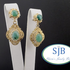 Vintage Jade Earrings, Vintage Green Jade Drop Earrings, 14k Yellow Gold Oval and Round Jade Dangle Earrings, Vintage Jade Jewelry, #C3903