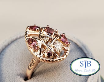 Pink Tourmaline Rings, Custom 10k Rose Gold Pink Tourmaline & Cocoa Brown Diamond Ring, October Birthstone Rings, Size 7.25, #R1080