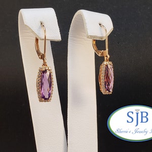 Amethyst Earrings, 14k Amethyst and Diamond Halo Earrings, 14k Rose Gold Amethyst & Diamond Earrings, Vintage Design Drop Earrings #E1344