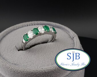 Emerald Ring, Emerald & Diamond Ring, 14k White Gold Emerald and Diamond Band, Stackable Anniversary Bands, May Birthstone, Size 6.5, #R1229