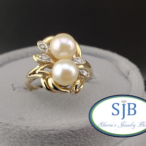 Vintage Pearl Rings, Vintage 10k Yellow Gold Double Pearl & Diamond Ring, Pearl Statement Rings, June Birthstone Rings, Size 6.25, #C4713