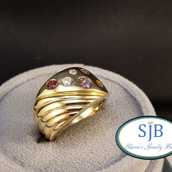 Rainbow Rings, Multi Color Gemstone Ring, 14k Yellow Gold Multi Gem Ring, Citrine Blue Topaz Amethyst Garnet and Diamond Ring, Size 7, #R836