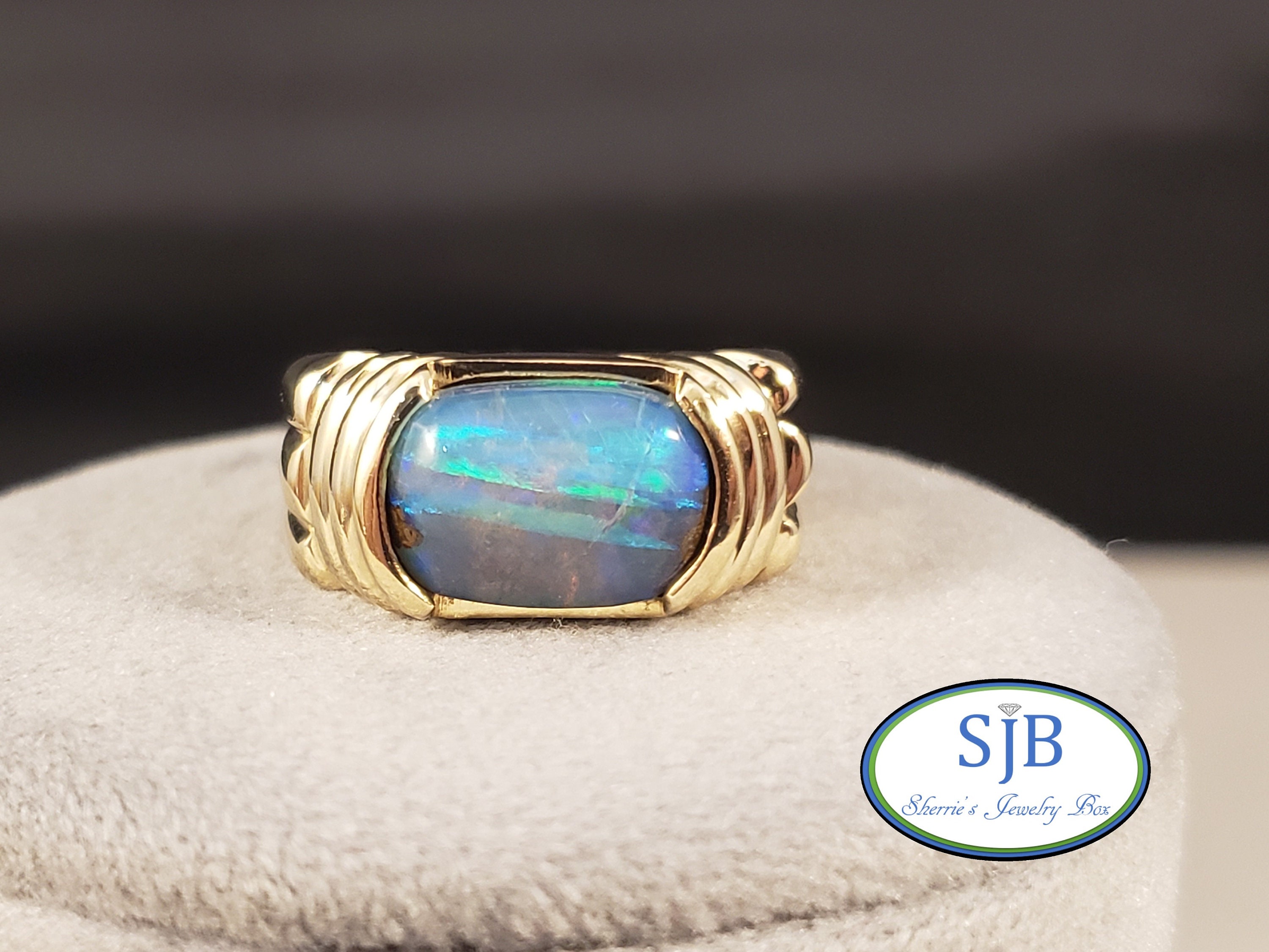 14k Gold Plated Sterling Silver Blue Opal Sizable Ring For Women; Vintage Style Gold Plated Opal October Birthstone Sizable Ring That Is Perfect For Engagement or Promise Sizable Ring 