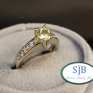 Sapphire Rings, 14k Sapphire & Diamond Engagement Ring, 14k White Gold Yellow Sapphire and Diamond Ring, Stackable Rings, Size 6.25, #R676