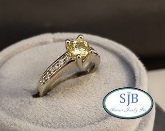 Anéis de Safira, Anel de Noivado de Safira e Diamante em Ouro Branco 14k, Anel de Safira Amarela e Diamante, Anéis Empilháveis, Tamanho 6,25, #R676