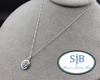 Aquamarine Necklace, 14k White Gold Oval Aquamarine & Diamond Halo Pendant with 18" Chain, March Birthstones, #P1599