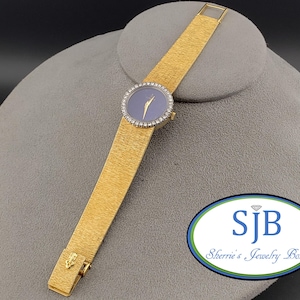 Vintage Watches, Vintage 18k Gold Ladies Watch, 18k Yellow Gold 24mm Classic Corum Round Wrist Watch with Diamond Bezel & Lapis Dial, #C4333
