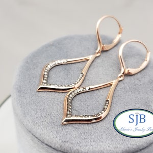 Diamond Earrings, 14k Rose Gold Diamond Earrings, 14k Rose Gold Lever Backs, Rose Gold Diamond Drop Earrings, Bridal Jewelry, #E1561
