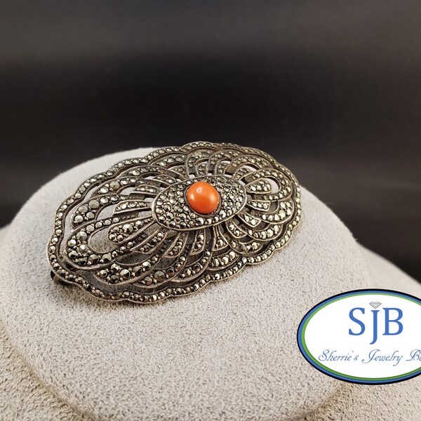 Coral Brooch, Marcasite & Coral Brooch, 835silver Vintage Coral and Marcasite Lapel Pin, Silver Coral Jewelry, Vintage Coral Jewelry, #C227