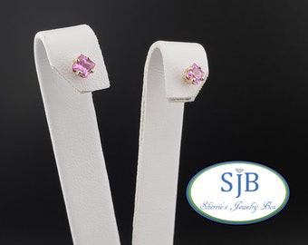 Aretes de zafiro rosa, aretes de zafiro rosa de 14 k, aretes de zafiro rosa de talla princesa en oro amarillo de 14 k, aretes con piedra de nacimiento de septiembre, n.° E1855