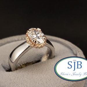 Anelli di fidanzamento, anello di fidanzamento in oro bianco e rosa 14k con diamante ovale da 1,41 ct e alone di diamante terrestre, anelli per anniversario, misura 6,5, #WD875