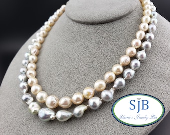 Vintage Pearl Necklaces, Silver & White Semi Baroque Double Pearl Strand (15" | 17") With 925 Silver Custom Clasp, June Birthstones, #C3189