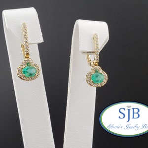 Emerald Earrings, 14k Yellow Gold Emerald & Diamond Halo Drop Earrings, Emerald and Diamond Hoop Earrings, May Birthstone Jewelry #E1623