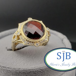 Garnet Rings, Garnet and Diamond Ring, 14k Yellow Gold Checkerboard Cut Garnet & Diamond Halo Ring, January Birthstones, Size 6.75, #R1334