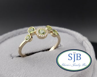 Peridot Rings, Peridot & Diamond Ring, 14k Yellow Gold Bezel Set Peridot and Diamond Halo Stacking Ring, August Birthstone, Size 6.5, #R1243