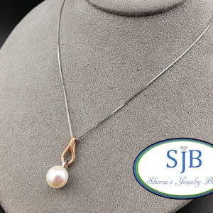 Pearl Necklace, 14k White & Rose Gold Pearl Pendant with 18&quot; White Gold Box Chain, Unique Pearl Layering Necklaces, June Birthstone, #P1715