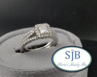 Diamond Engagement Set, 14k White Gold Princess Cut Diamond Halo Diamond Engagement Ring & Matching Diamond Wedding Band, Size 6.5, #WD345