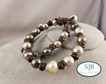 Tahitian Pearl Bracelet, Multi-Color Tahitian Pearl Bracelet, 15.25" Leather & Pearl Necklace, Tahitian Pearl Bracelet, Pearl Choker, #B280