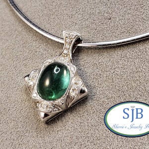 Green Tourmaline Pendants, Tourmaline & Diamond Pendants, 18k White Gold Green Tourmaline and Diamond Halo Pendant, Statement Jewelry, #P723