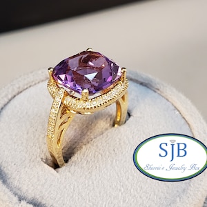 Amethyst Rings, Amethyst Halo Rings, Purple Amethyst & Diamond Halo Ring, 14k Yellow Gold Amethyst Ring, Purple Stone Ring, Size 7.25 #R687