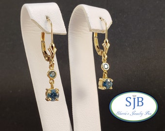 Pendientes de circonio azul, pendientes colgantes de circonio azul, pendientes colgantes de circonio azul de oro amarillo de 14 k, pendientes de piedra de nacimiento de diciembre, #E591