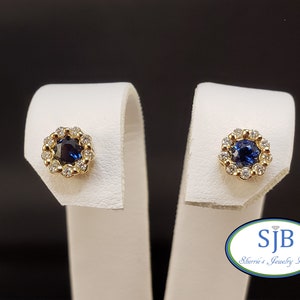 Sapphire Earrings, 14k Sapphire Stud Earrings, 14k Yellow Gold Blue Sapphire & Diamond Halo Stud Earrings, Blue Sapphire Jewelry, #E1620