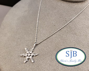 Diamond Pendants, Snowflake Pendants, 14k White Gold Diamond Snowflake Pendant With 18" Chain, Layering Necklaces, Snowflake Charms, #P1527