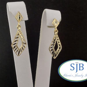 Vintage Gold Dangle Earrings, Vintage 14k Yellow Gold Carved Shield Shape Filigree Stud Style Drop Earrings, Unique Drop Earrings, #C4709