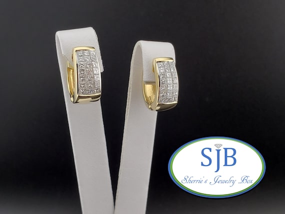 Diamond Earrings, Vintage Diamond Hoops, Vintage 18k Yellow Gold Princess Cut Diamond Hinged Hoop Earrings, Diamond Statement Hoops, #C4329