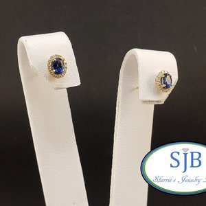 Sapphire Earrings, 14k Sapphire Stud Earrings, 14k Yellow Gold Blue Sapphire & Diamond Halo Stud Earrings, Blue Sapphire Jewelry, #E1801