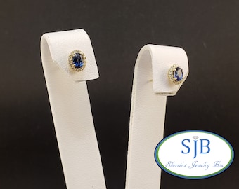 Sapphire Earrings, 14k Sapphire Stud Earrings, 14k Yellow Gold Blue Sapphire & Diamond Halo Stud Earrings, Blue Sapphire Jewelry, #E1801