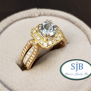 Engagement Rings, Aquamarine Rings, 18k Yellow White & Rose Gold Diamond Engagement Ring, Aqua and Diamond Anniversary Ring, Size 6.25 #R684