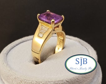 Amethyst Rings, 14k Amethyst and Diamond Rings, 14k Yellow Gold Amethyst & Diamond Statement Ring, February Birthstone Rings, #SD405, Size 9