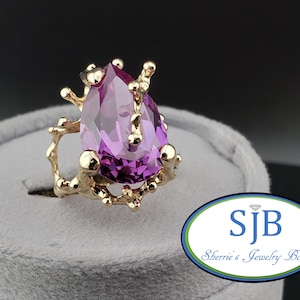 Vintage Alexandrite Rings, 10k Yellow Gold Pearshape LAB Alexandrite Ring, Unique Vintage Freeform Rings, June Birthstones, Size 4.5, #C4830