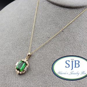 Green Tourmaline Necklace, 14k Yellow Gold Emerald Cut Green Tourmaline & Diamond Halo Pendant With 16&quot; 14k Yellow Gold Cable Chain, #P1574